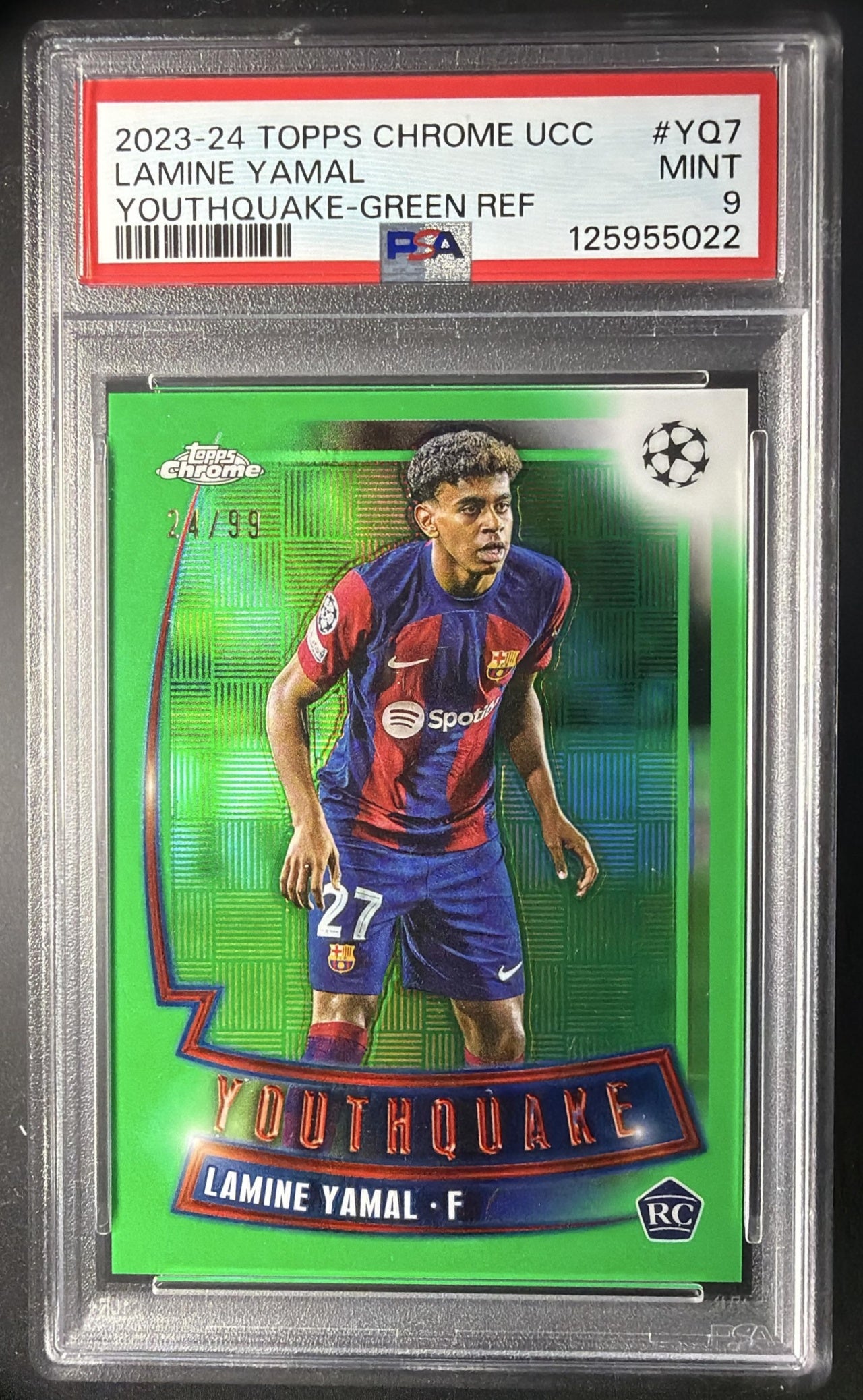 2023 Topps Chrome UEFA Club Competitions Lamine Yamal #YQ-7 Youthquake Green Refractor /99 RC PSA 9