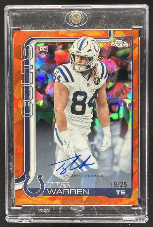 2025 Topps Chrome Tyler Warren #RA-TWA Rookie Auto Orange Sapphire Refractor /25 RC