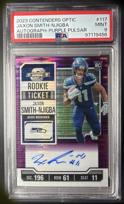 2023 Panini Contenders Optic Jaxon Smith-Njigba #117 Purple Pulsar /21 Auto RC PSA 9