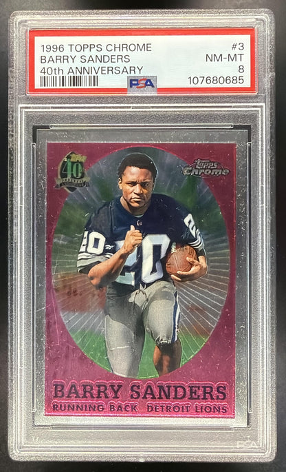 1996 Topps Chrome Barry Sanders #3 40th Anniversary Commemorative PSA 8