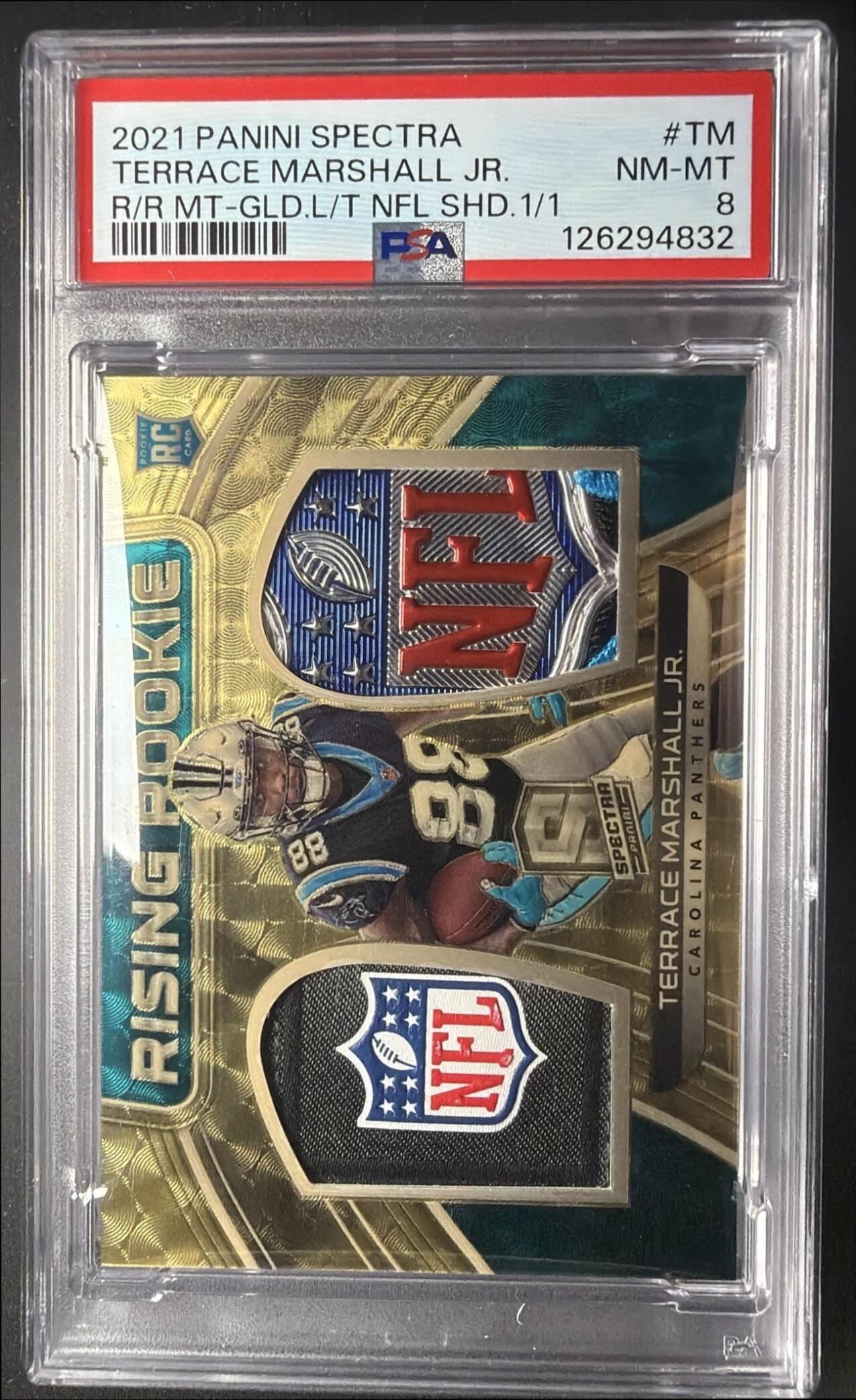 2021 Panini Spectra Terrace Marshall Jr. #RRM-TM Dual Shield Rookie Patch 1/1 PSA 8