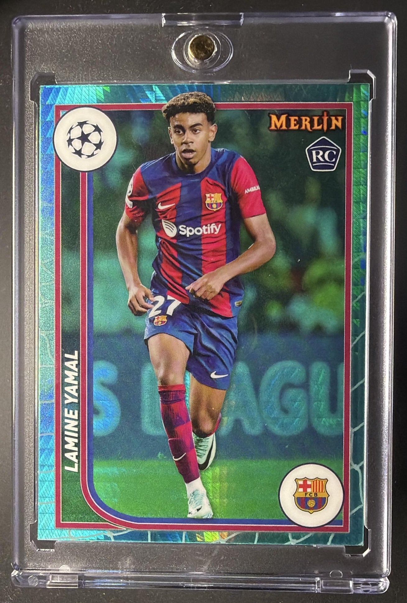 2023 Topps Chrome Merlin UEFA Club Competitions Lamine Yamal #27 Aqua Prism Refractor RC