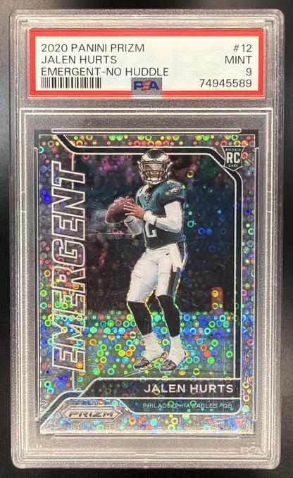 2020 Panini Prizm Jalen Hurts #12 Emergent Prizms No Huddle RC PSA 9