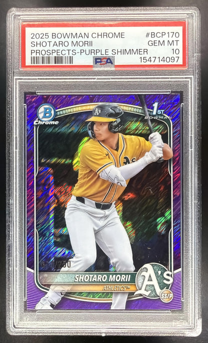 2025 Bowman Chrome Shotaro Morii #BCP-170 Purple Shimmer Refractor /250 1st Prospect PSA 10