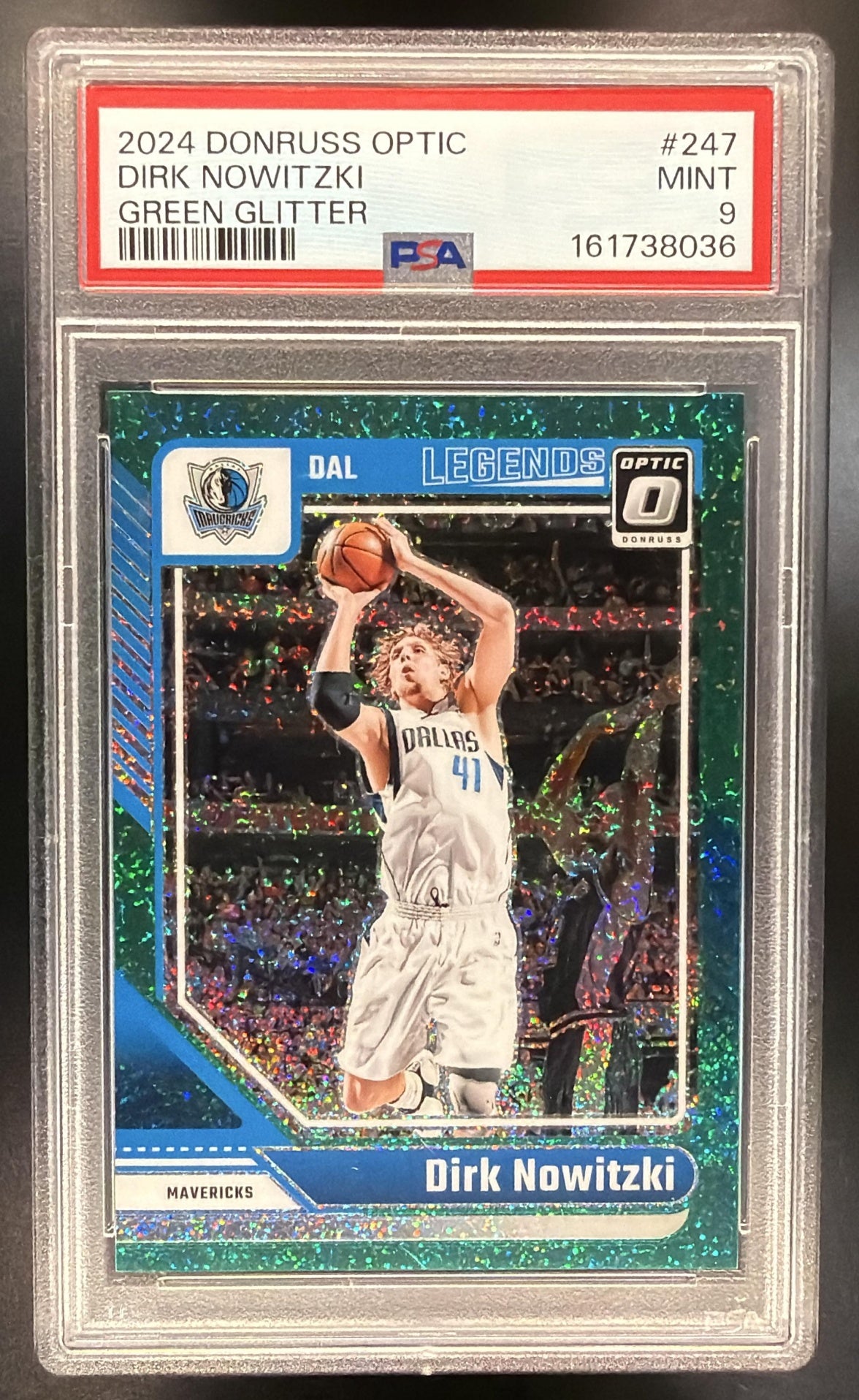 2024 Panini Donruss Optic Dirk Nowitzki #247 Green Glitter Prizm /5 Legend PSA 9