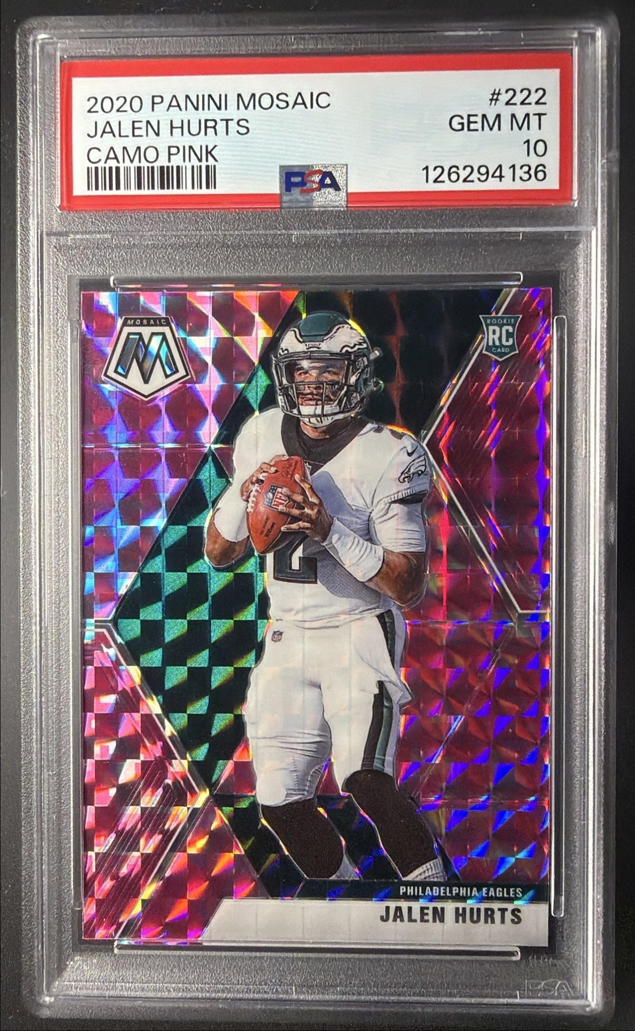 2020 Panini Mosaic Jalen Hurts #222 Prizm Camo Pink RC PSA 10