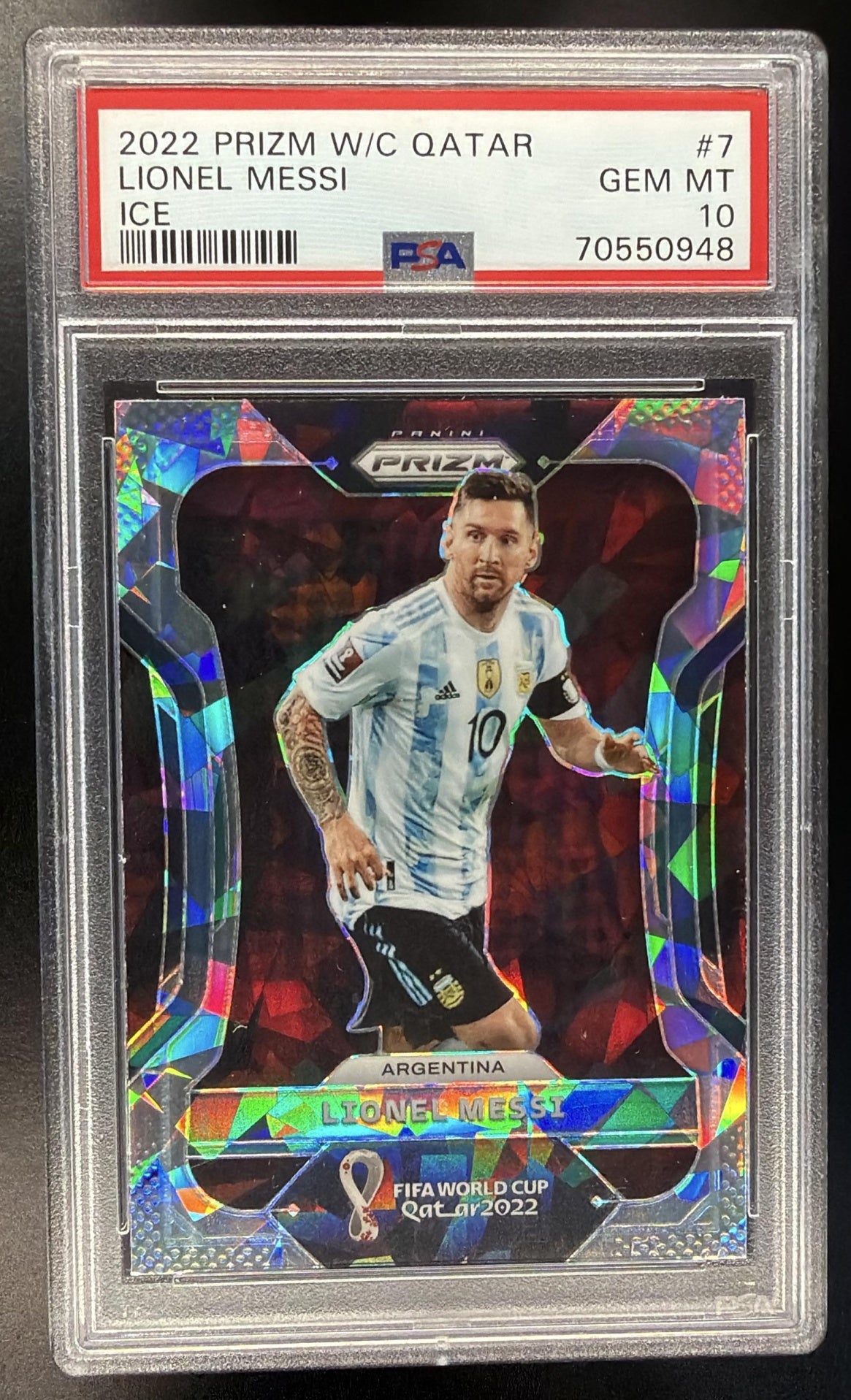 2022-23 Panini Prizm World Cup Lionel Messi #7 Ice PSA 10