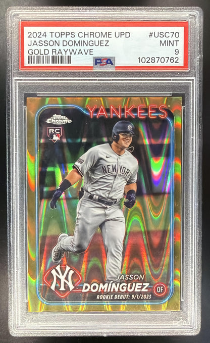 2024 Topps Chrome Update Jasson Dominguez #USC70 Gold RayWave /50 Refractor RC PSA 9