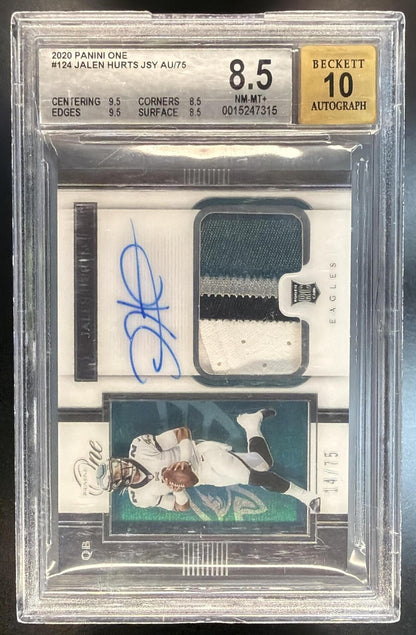 2020 Panini One Jalen Hurts #124 Rookie Patch Auto 14/75 Beckett 8.5 Auto 10