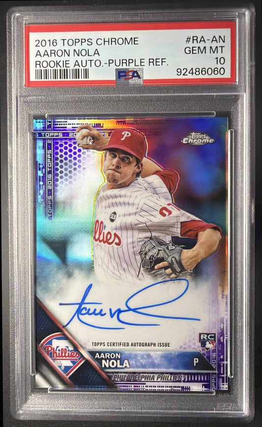 2016 Topps Chrome Aaron Nola #RA-AN Rookie Auto Purple Refractor /250 RC PSA 10