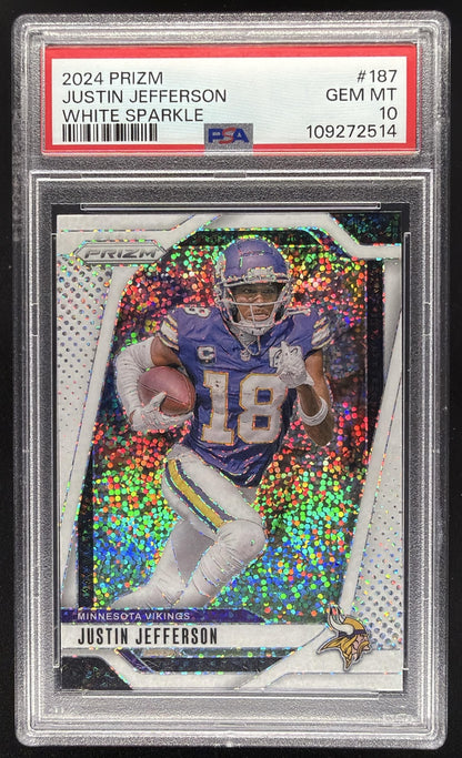 2024 Panini Prizm Justin Jefferson #187 White Sparkle SSP PSA 10