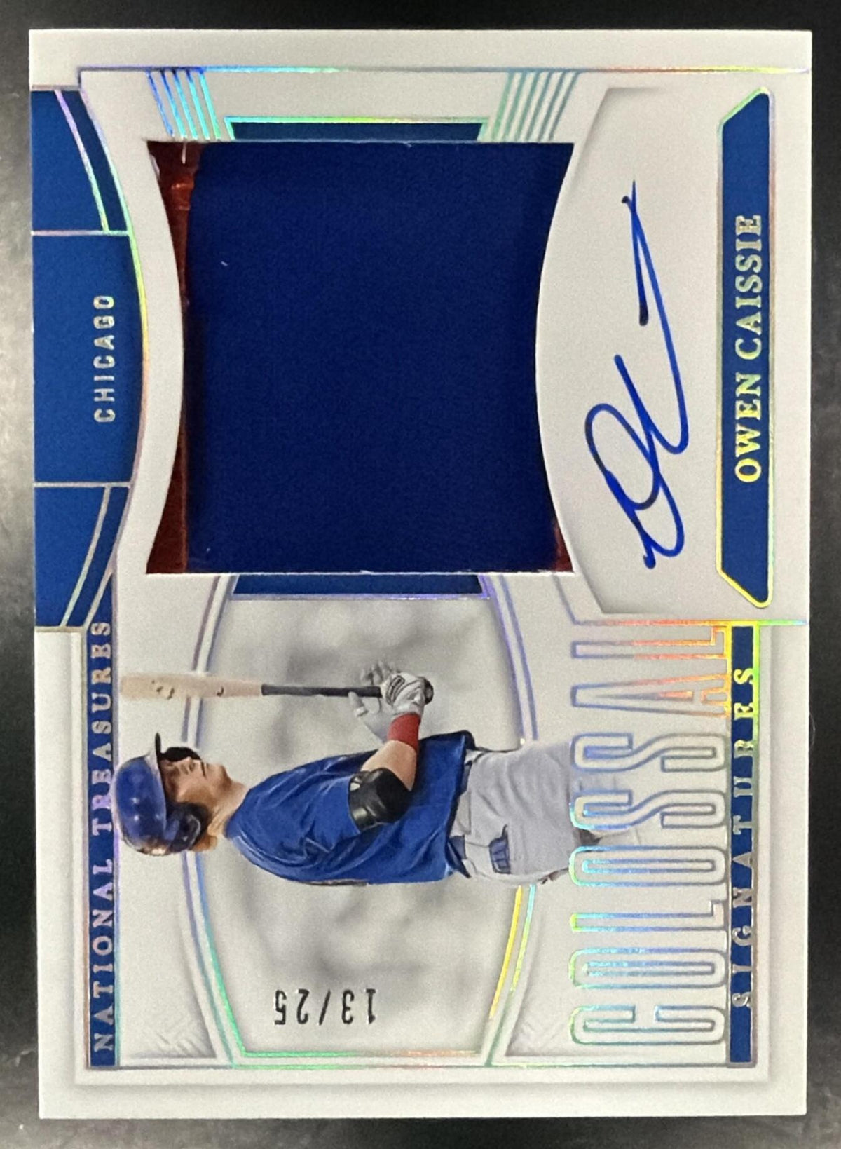 2025 Panini National Treasures Owen Caissie #35 Colossal Material Auto Holo Silver 13/25