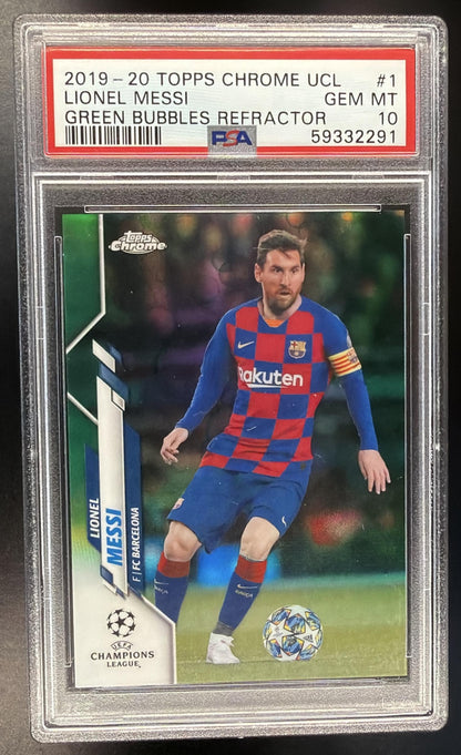 2019 Topps Chrome UEFA Champions League Lionel Messi #1 Green Bubbles Refractor PSA 10