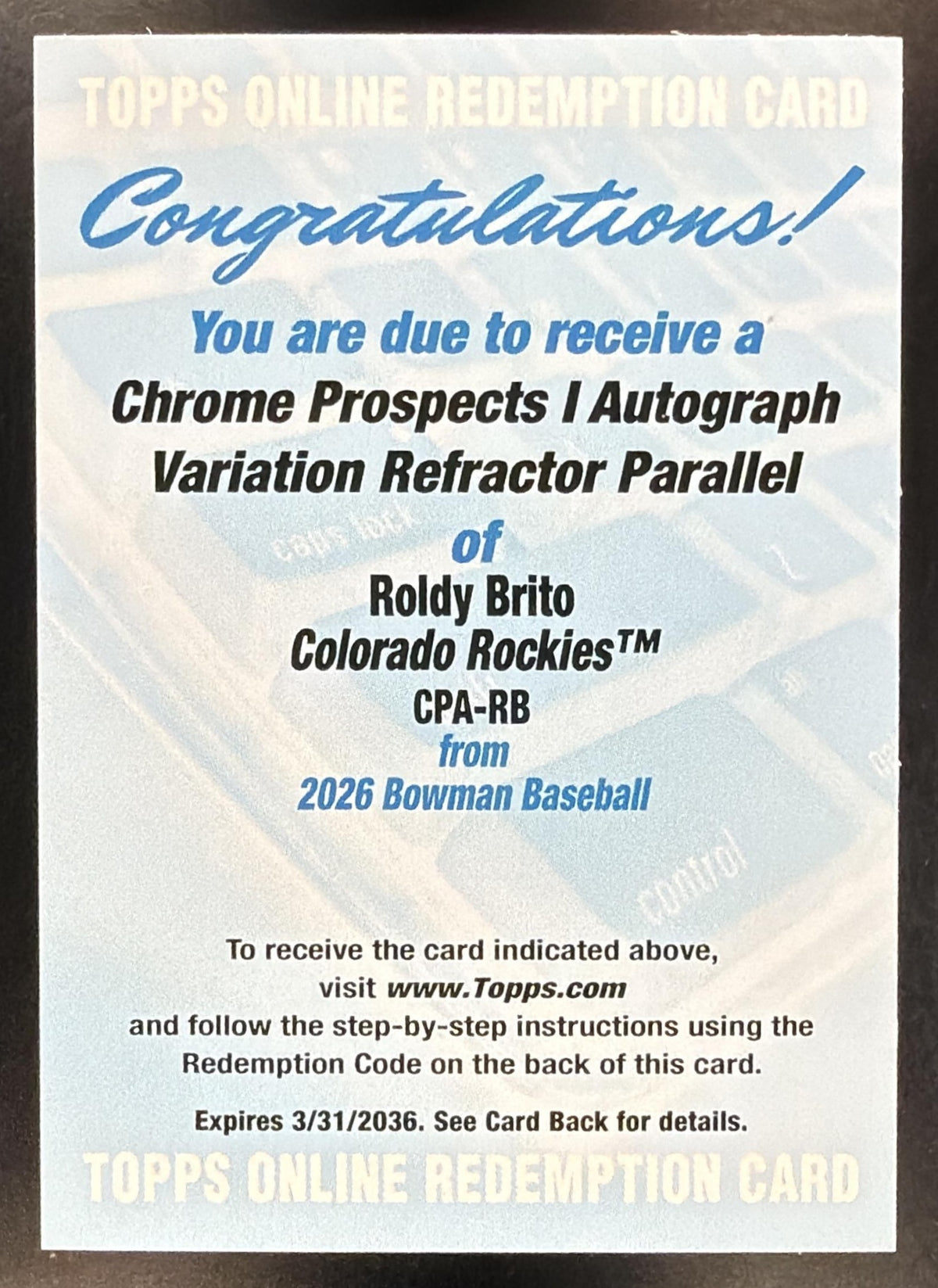2026 Bowman Baseball Roldy Brito #CPA-RB 1st Refractor Variation Auto Redemption