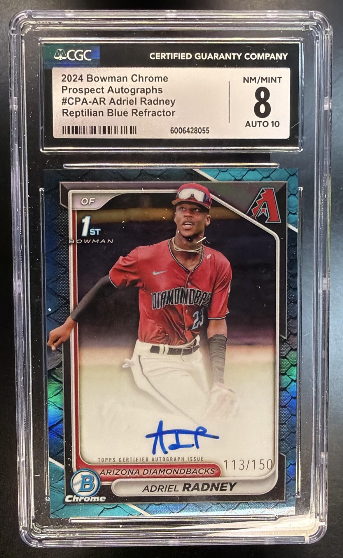 2024 Bowman Chrome Adriel Radney #CPA-AR Blue Reptilian Auto /150 CGC 8