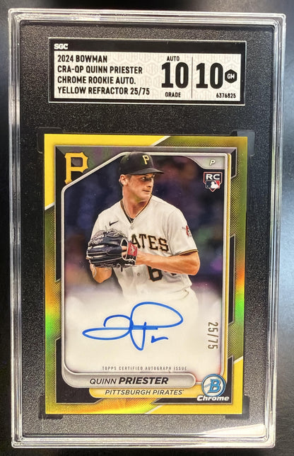 2024 Bowman Baseball Quinn Priester #CRA-QP Yellow Refractor Auto 25/75 SGC 10 Auto 10