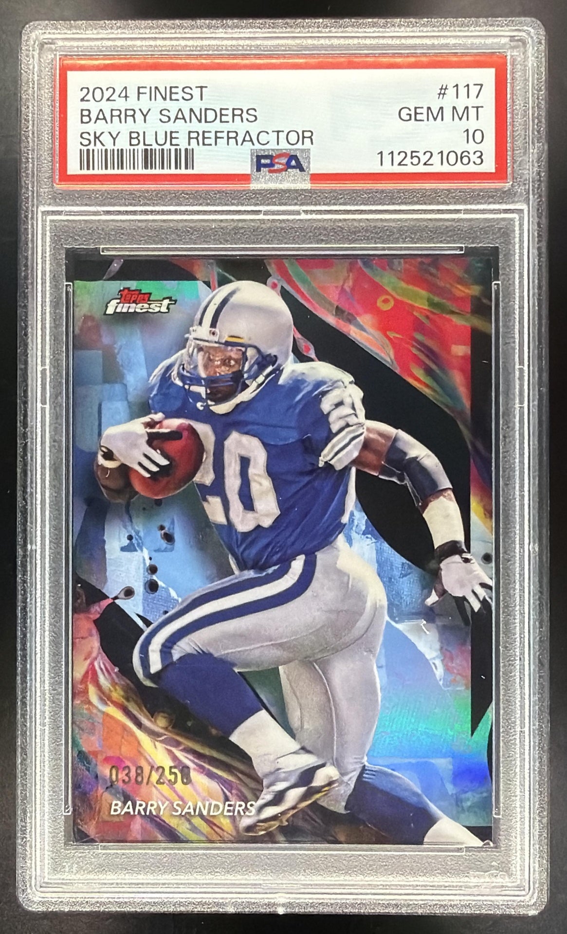 2024 Topps Finest Barry Sanders #117 Sky Blue Refractor 38/250 Uncommon PSA 10