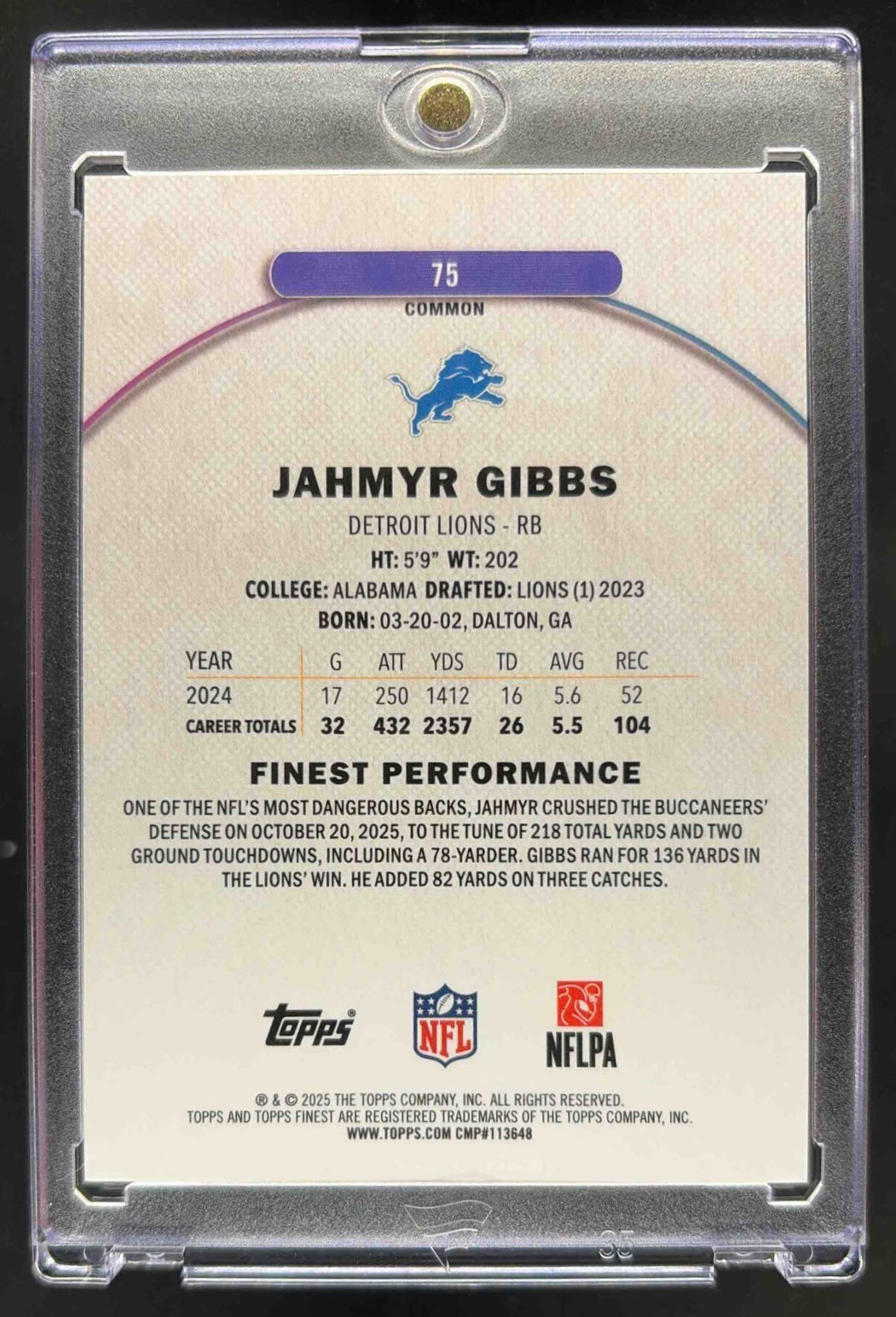 2025 Topps Finest Jahmyr Gibbs #75 Gold Geometric Refractor 2/20