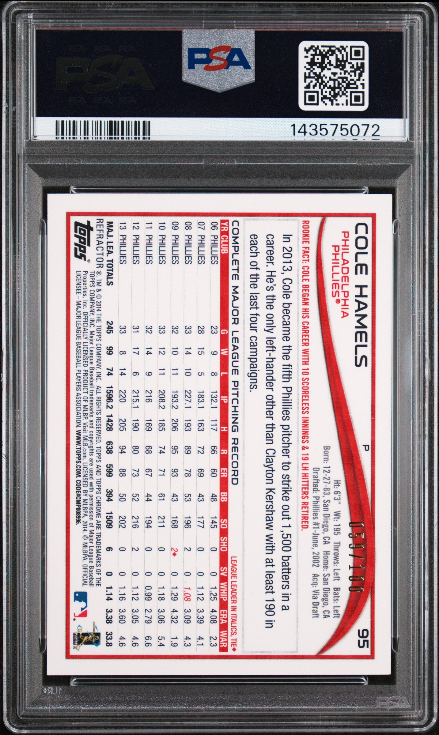 2014 Topps Chrome Cole Hamels #95 Black Refractor 59/100 PSA 9