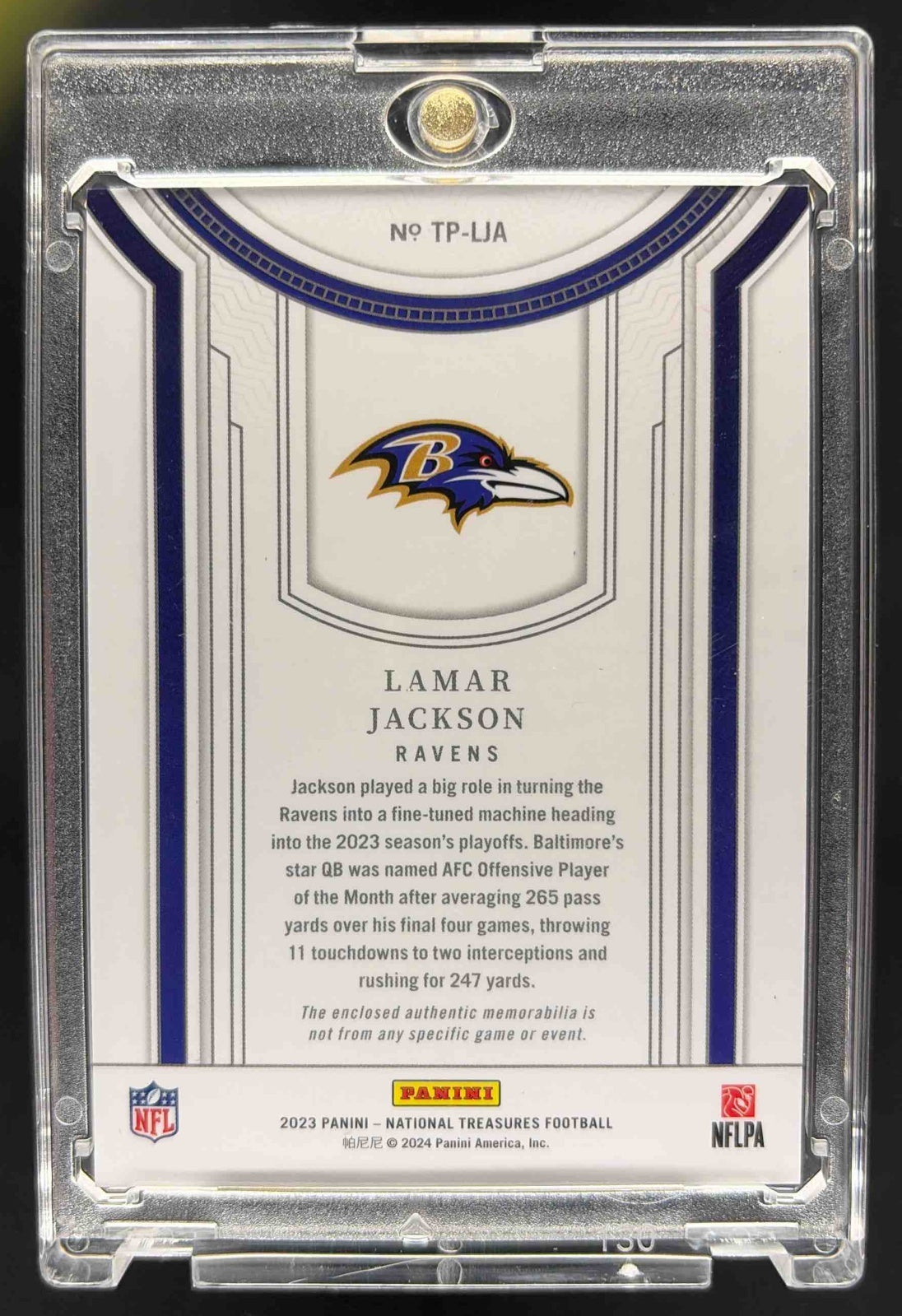2024 Panini National Treasures Lamar Jackson #TP-LJN Treasured Patches Holo Silver /25