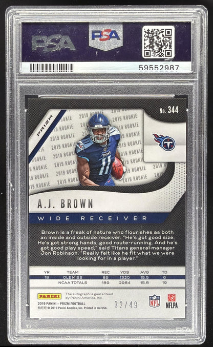 2019 Panini Prizm A.J. Brown #344 Rookie Auto Purple Power 32/49 RC PSA 9