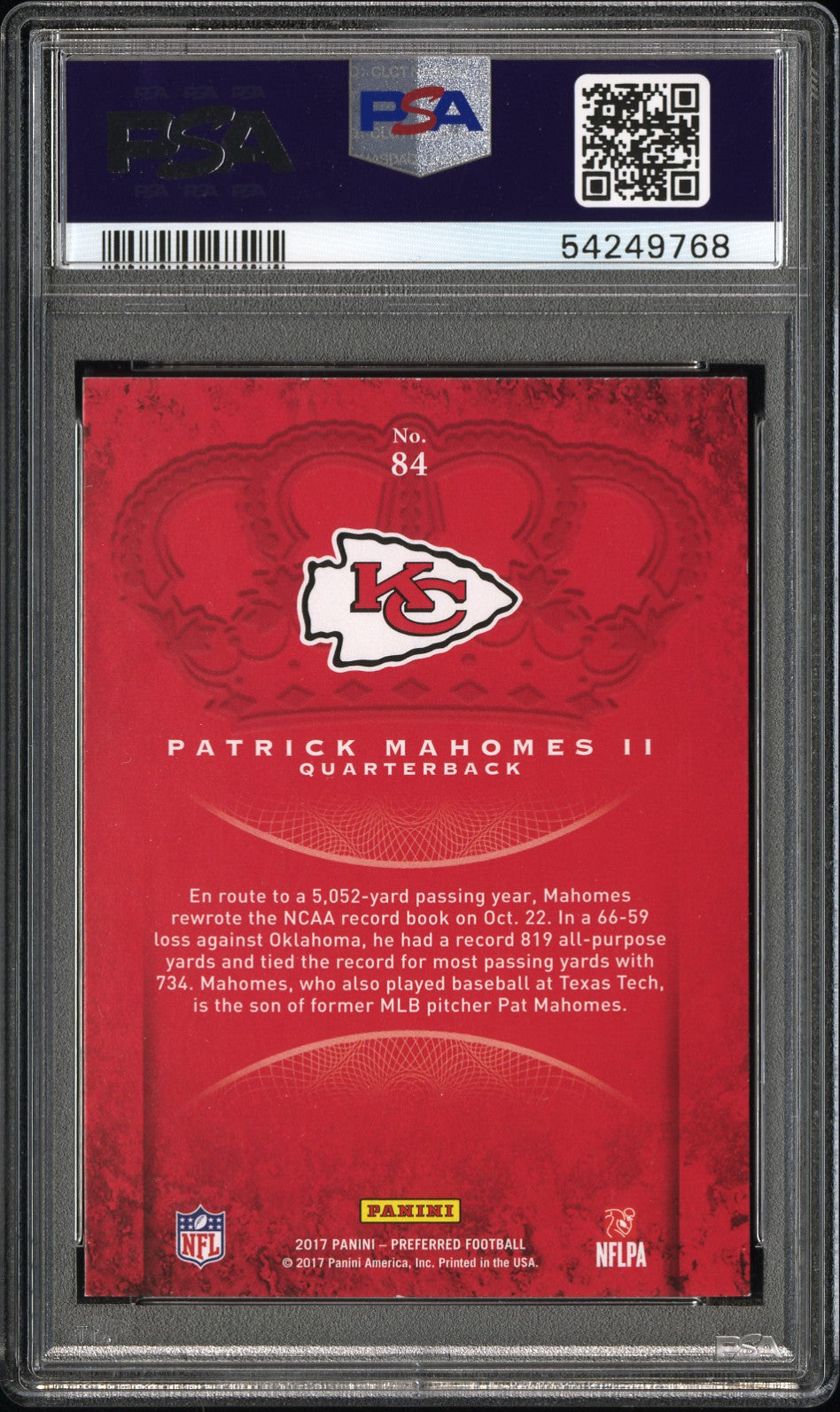 2017 Panini Crown Royale Patrick Mahomes II #84 RC Chiefs PSA 9