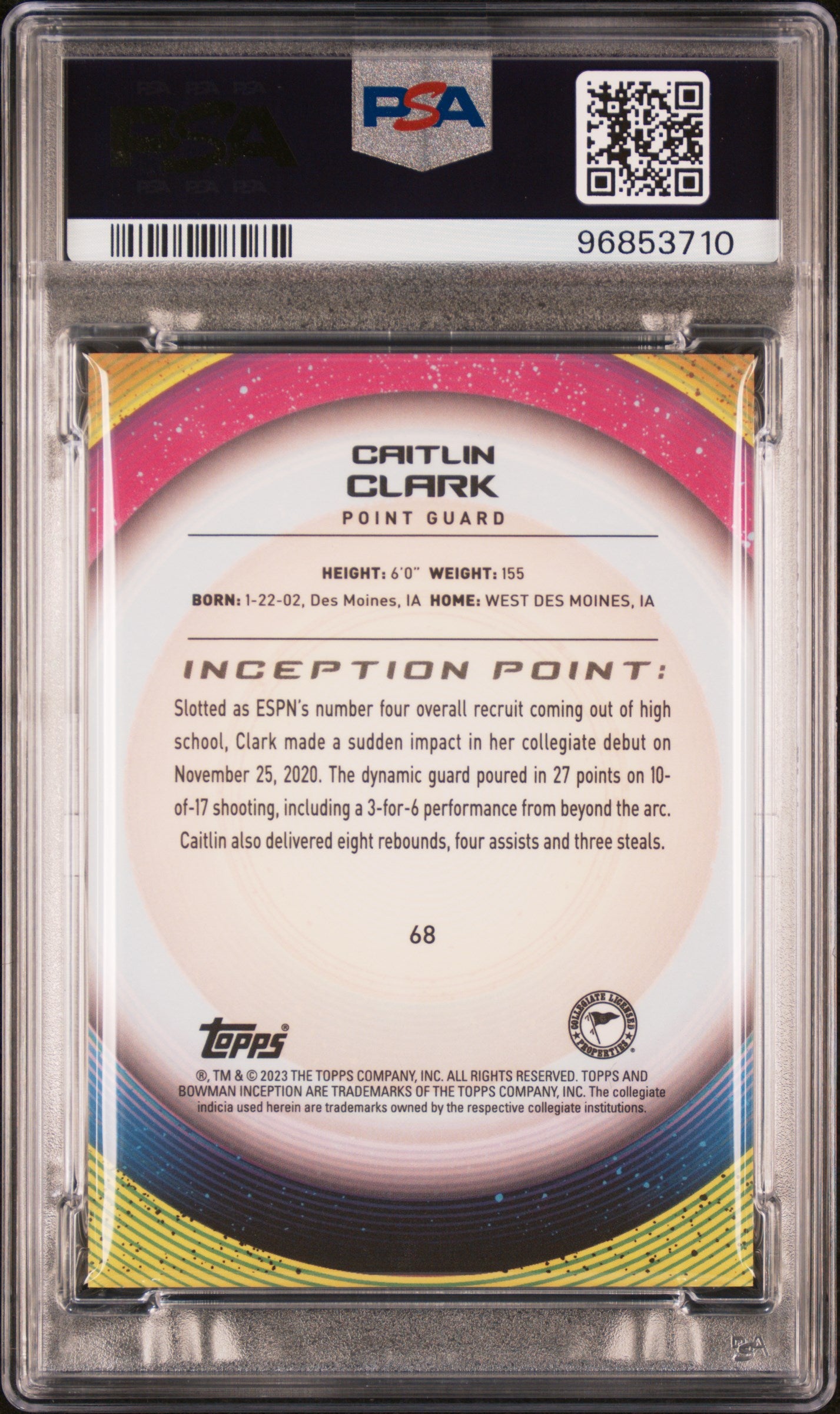 2022 Bowman University Inception Caitlin Clark #68 PSA 10