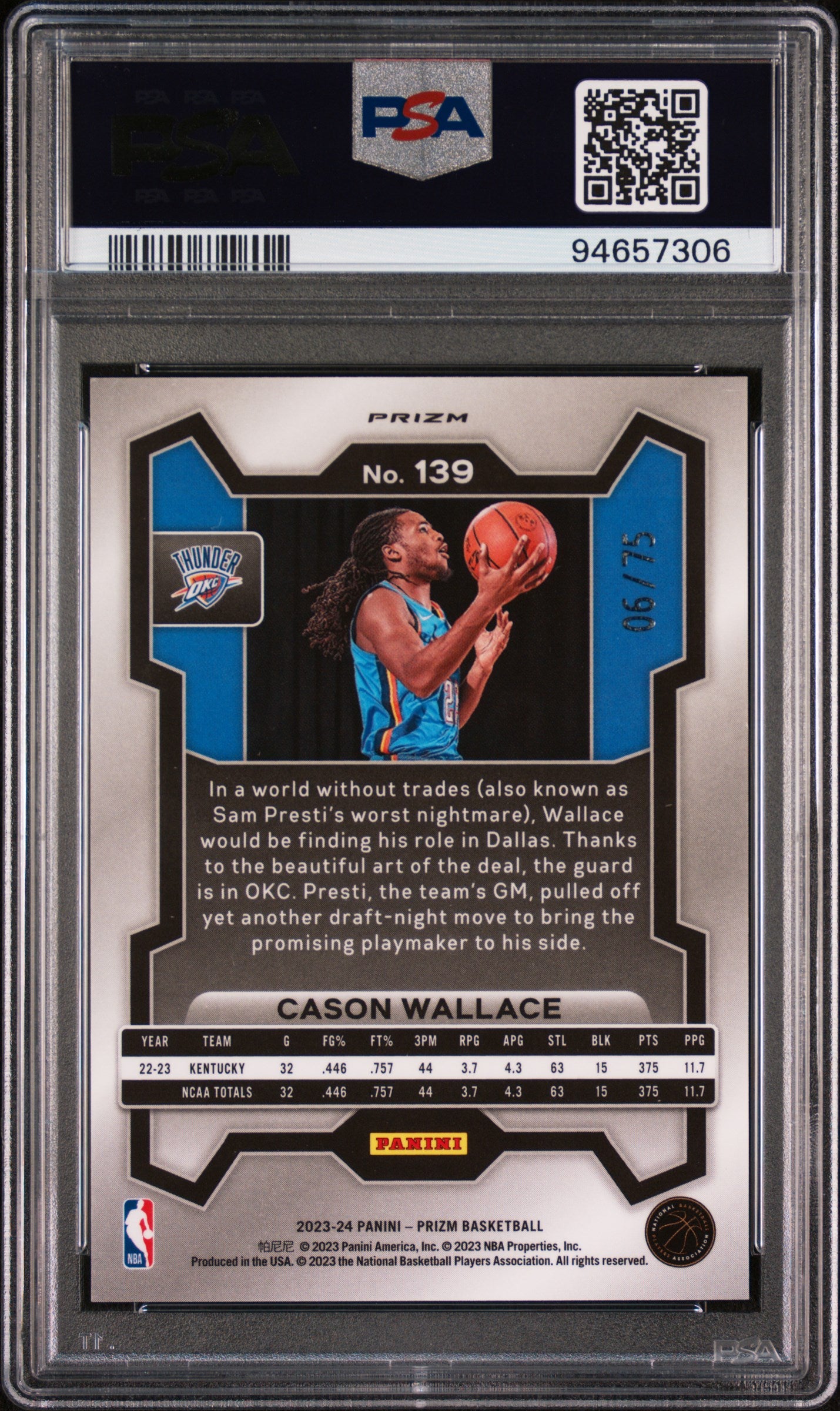 2023 Panini Prizm Cason Wallace #139 Purple Fast Break PSA