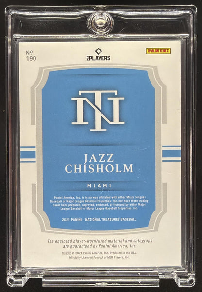 2021 Panini National Treasures Jazz Chisholm #190 Rookie Material Signatures Midnight /25 MEM Auto RC
