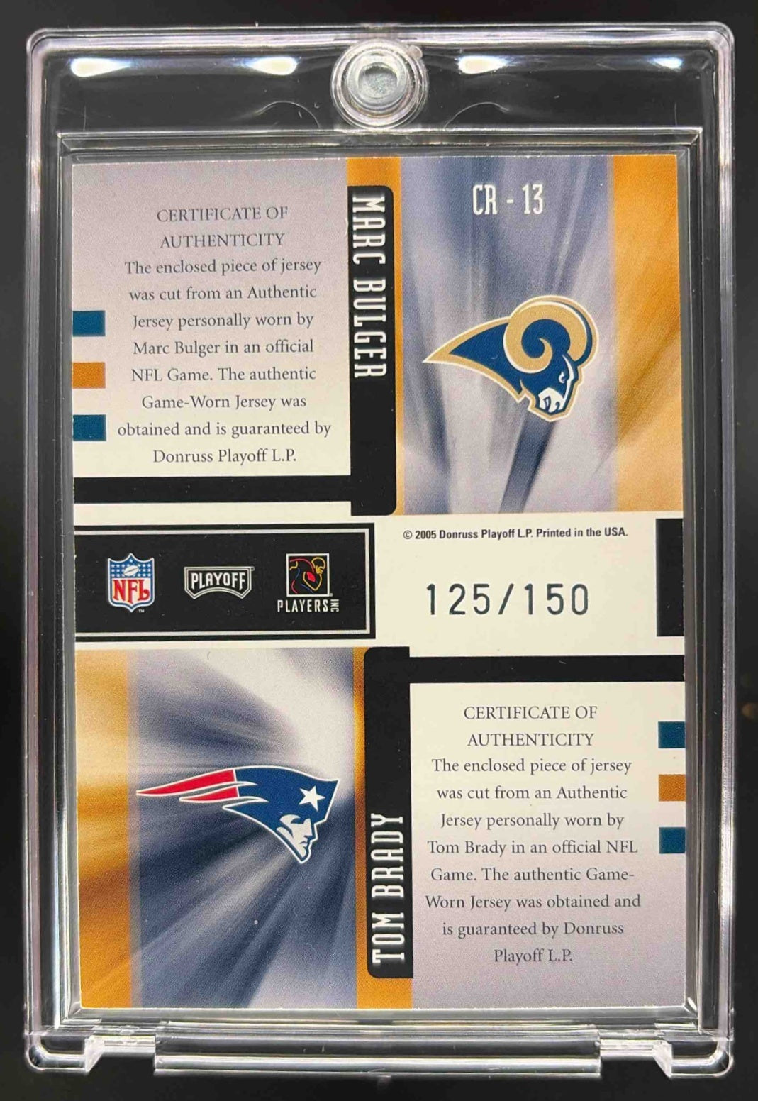 2005 Playoff Honors Tom Brady Class Reunion Game Used Relic /150