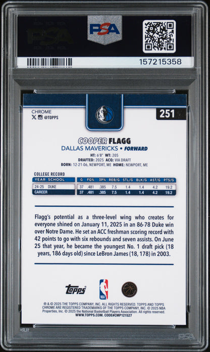 2025-26 Topps Chrome Cooper Flagg #251 Refractor RC PSA 9