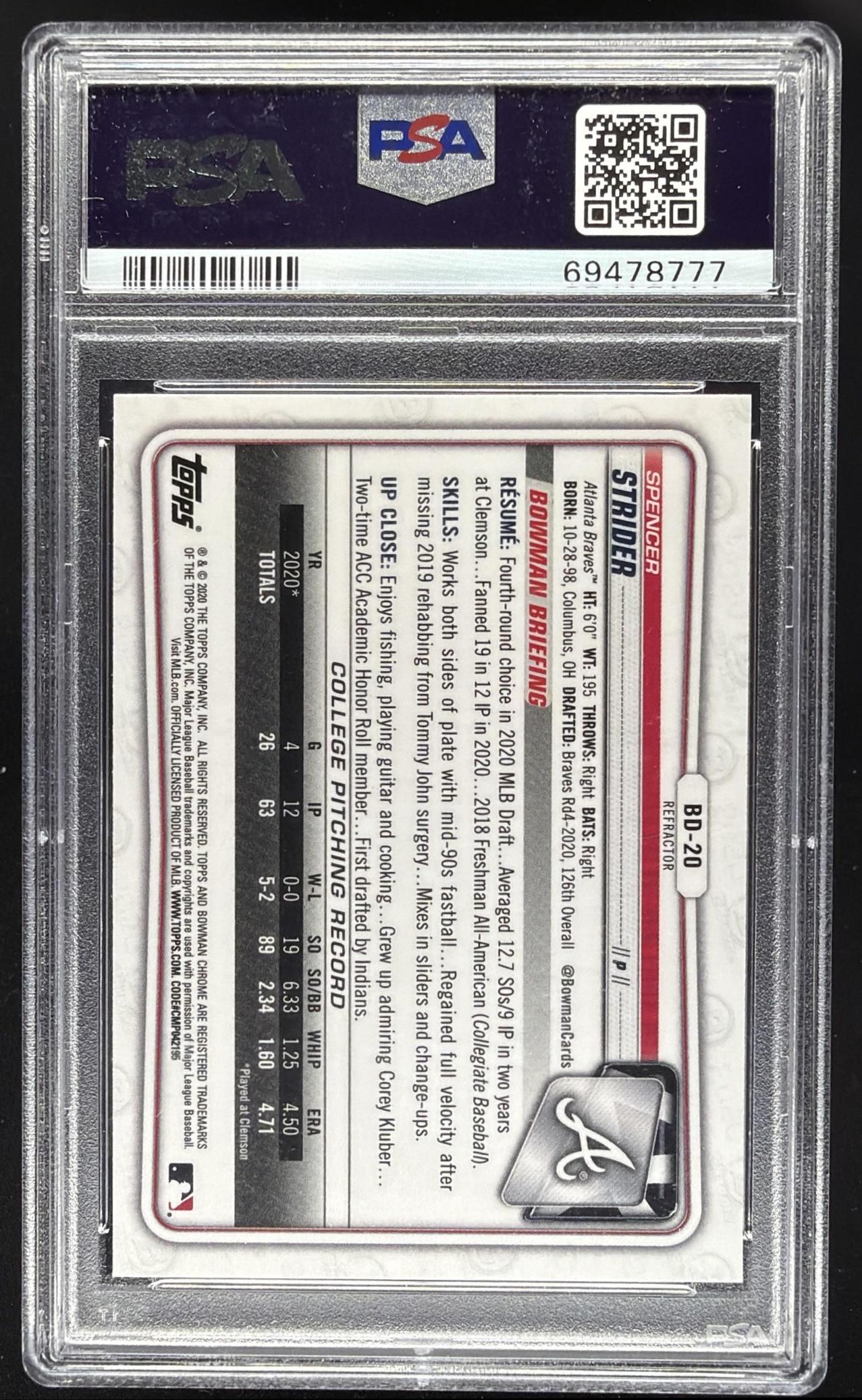 2020 Bowman Draft Spencer Strider #BD-20 Chrome Refractor 1st Prospect PSA 10