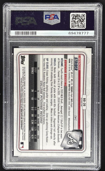2020 Bowman Draft Spencer Strider #BD-20 Chrome Refractor 1st Prospect PSA 10