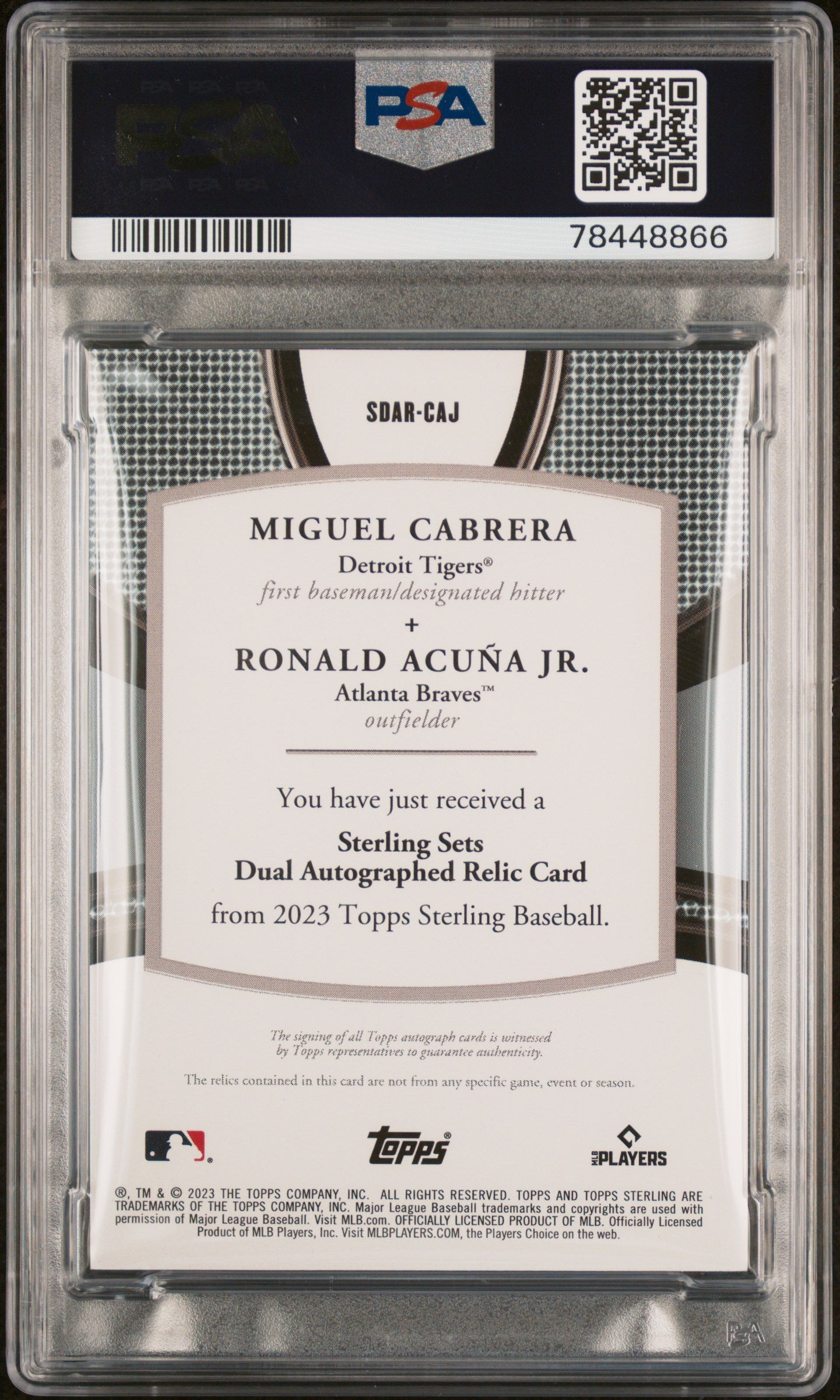 2023 Topps Sterling Miguel Cabrera Ronald Acuna Jr. Dual Patch Auto Red /5 PSA 9