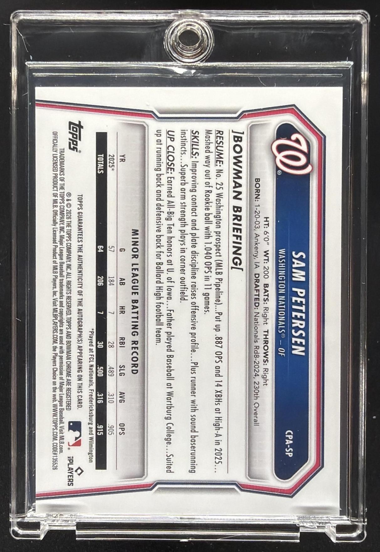 2026 Bowman Sam Petersen #CPA-SP Chrome Auto Mini-Diamond Refractor /100 1st