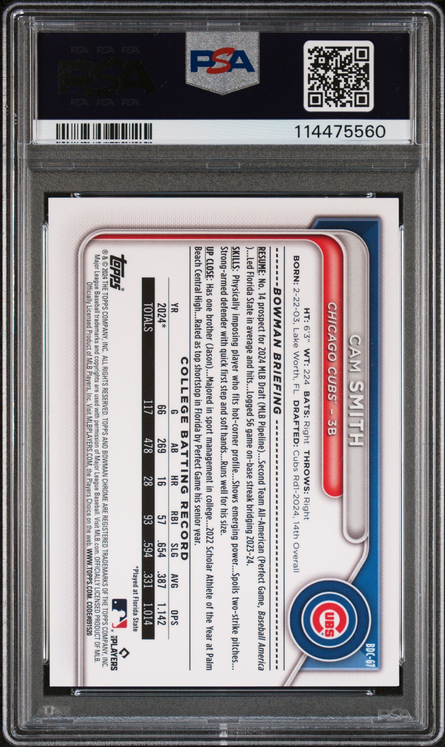 2024 Bowman Chrome Cam Smith Image Variation Rookie PSA 10