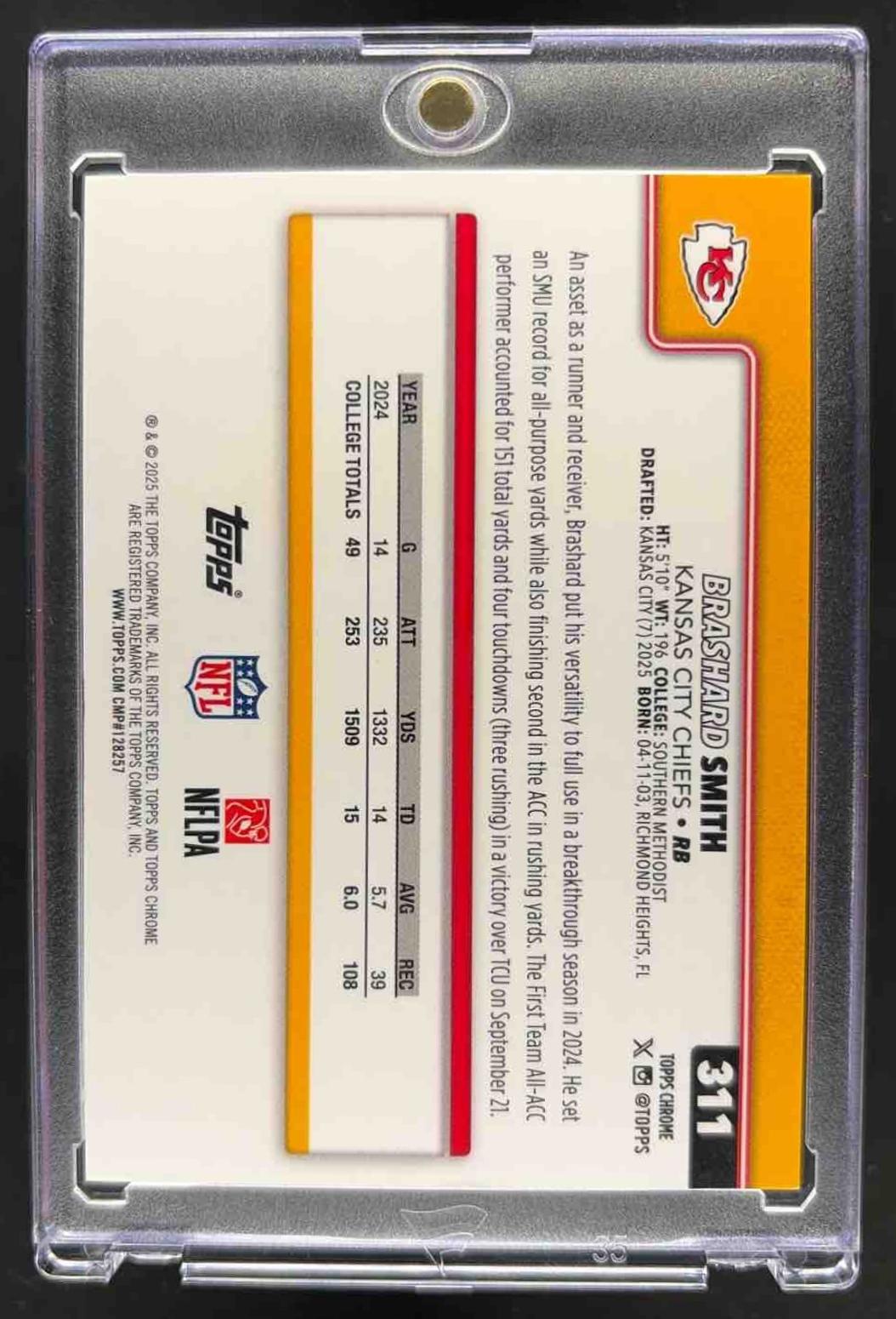 2025 Topps Chrome Brashard Smith #311 Rookie Football Black Refractor /10 RC