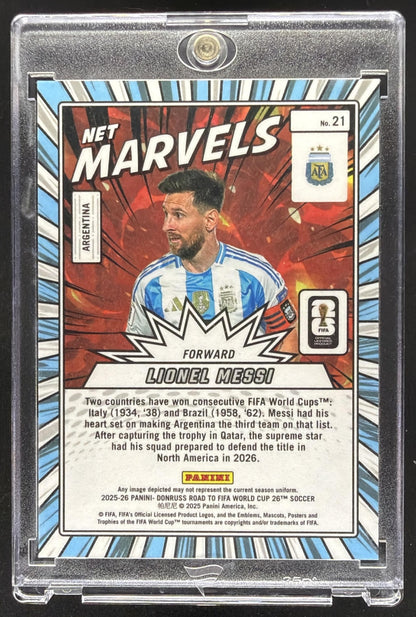 2025 Panini Donruss Road to FIFA World Cup 26' Lionel Messi #21 Net Marvels Purple /99