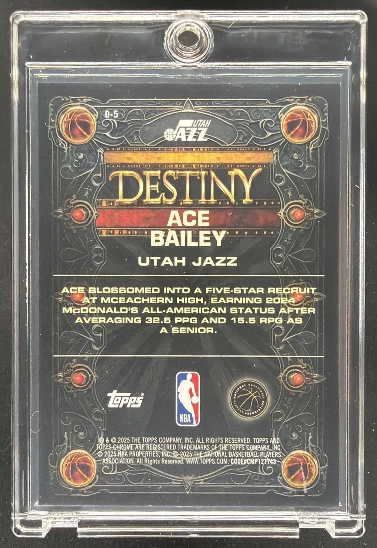 2025 Topps Chrome Ace Bailey #D-5 Destiny Orange /25 Rookie