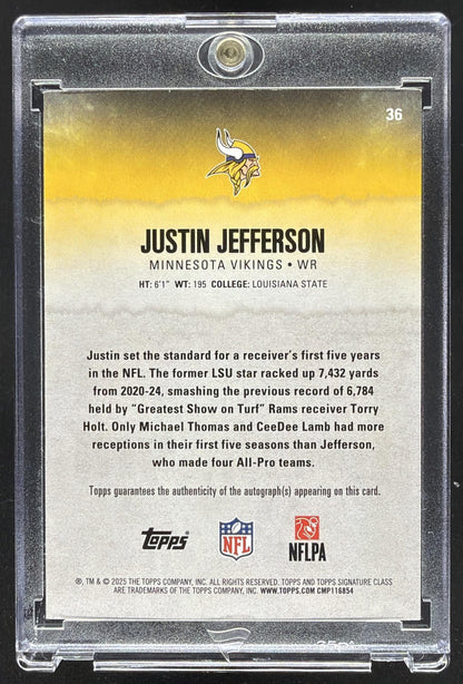 2025 Topps Signature Class Justin Jefferson #36 Veteran Auto Green Foil 84/150