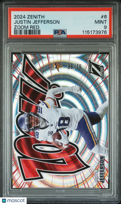 2024 Panini Zenith Justin Jefferson #6 Zoom Red 2/99 PSA 9