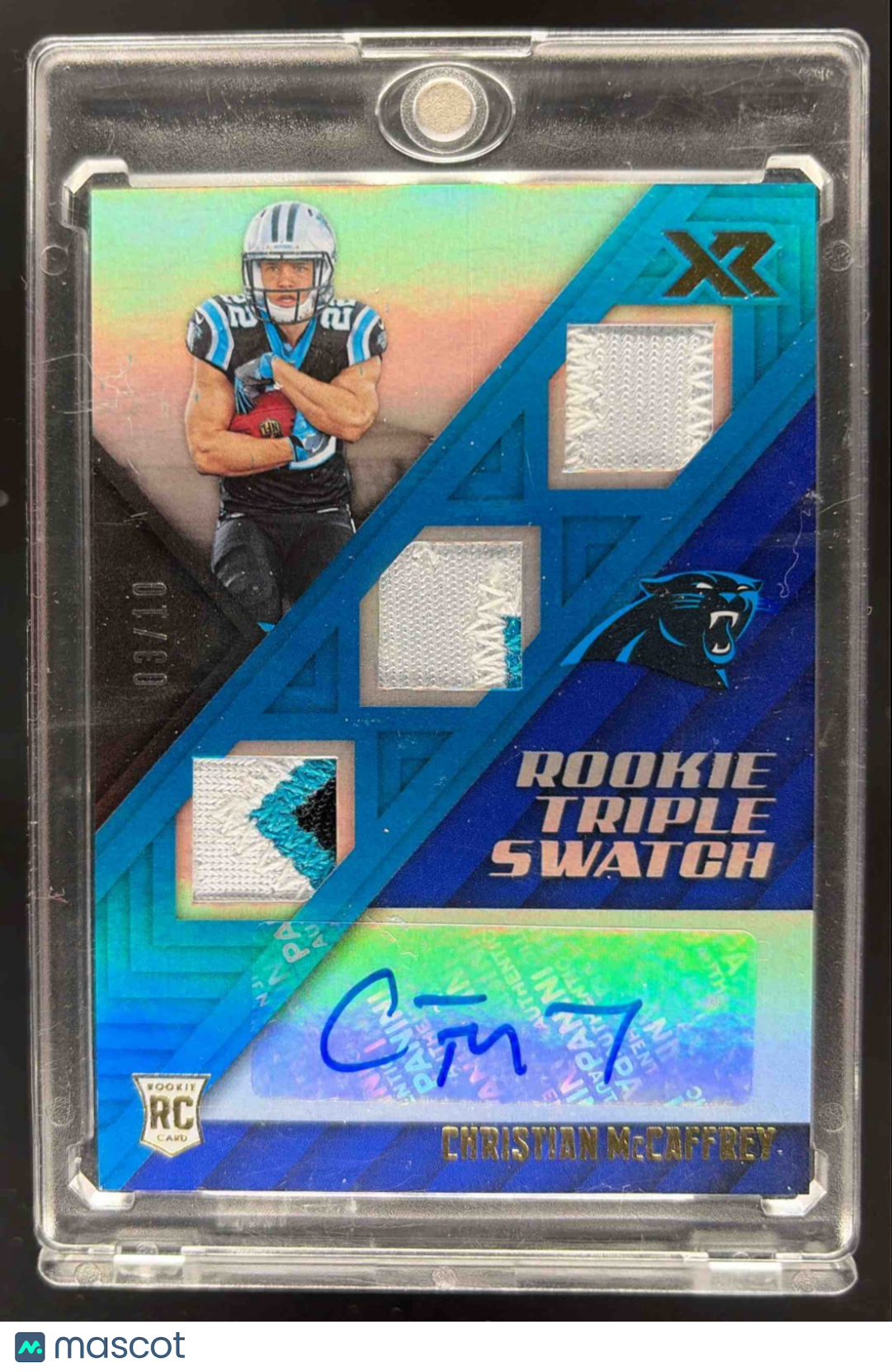 2017 Panini XR Christian McCaffrey #171 Rookie Triple Patch Auto /10 Blue